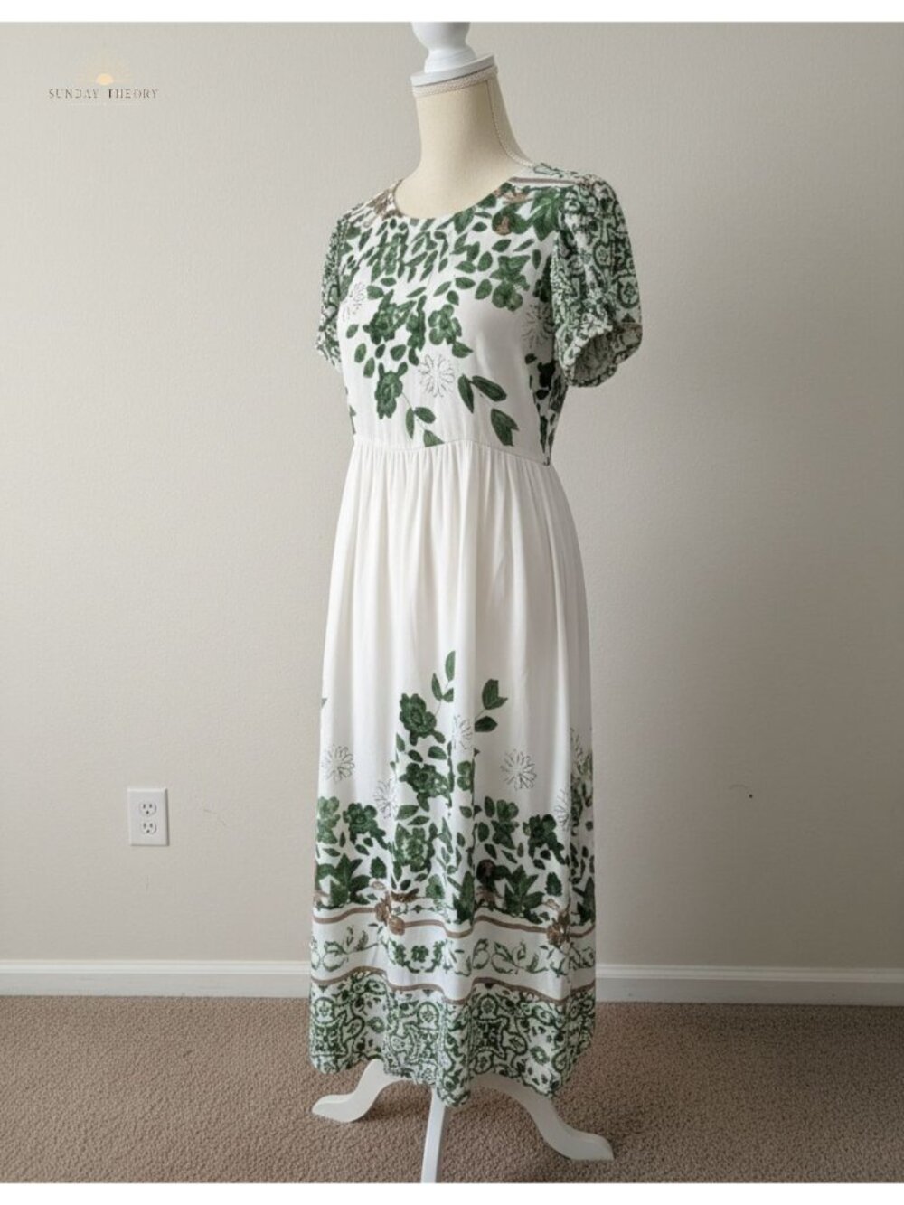 Women's Floral Midi Dress Petal Sleeves Empire Waist A-Line Pockets